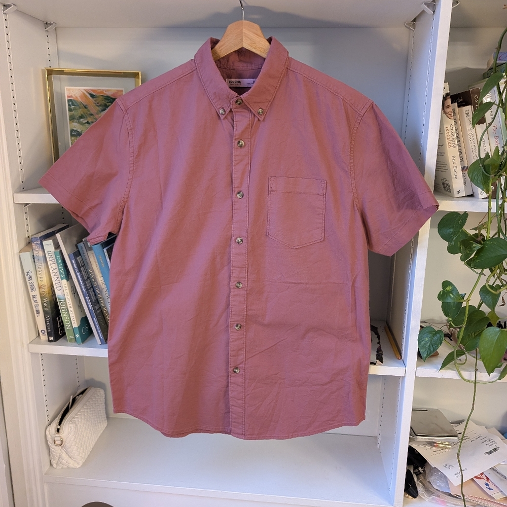 Sonoma Men's Button Down Short Sleeve Shirt Cotton Red / Pink Size Medium Casual